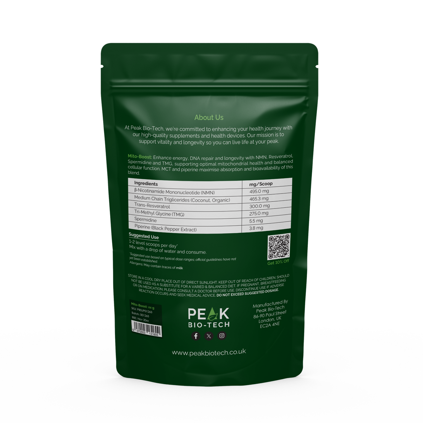 Back View of Peak Bio Tech Mitoboost supplement pouch with NMN Resveratrol TMG and Spermidine for Longevity and Anti-ageing.